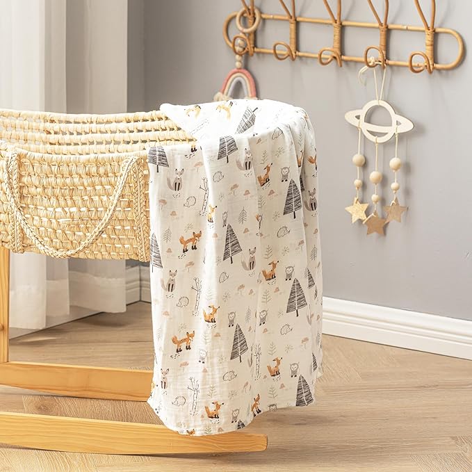 BabyWhale Muslin Swaddle Blanket with Hat and Headband Bow, Animals Print Swaddle Set for Baby Boys ＆ Girls, Newborn Soft Receiving Blanket Wrap, Owls, Foxes, Hedgehogs Pattern, 47x47 inches