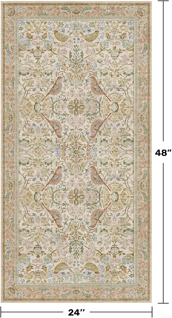 Beige 2x4 Washable Rug for Bathroom, Entryway Non Slip - Soft Low Pile Boho Small Throw Rugs for Kitchen, Powder Room - Unique Boho Bird Botanical Decorative Door Mats Stain Resistant