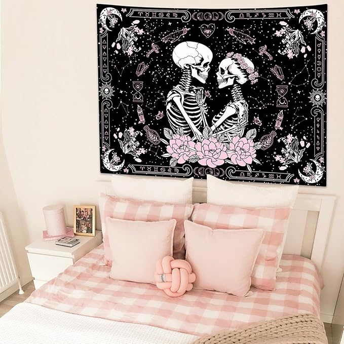 KJHL Black and Pink Gothic Witchy Skull Tapestry 44ʺ x 60ʺ Floral Constellation Skeleton Aesthetic Tapestries Wall Hanging for Bedroom Dorm