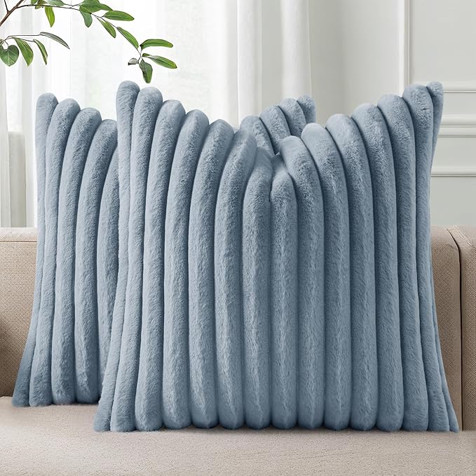 Pallene Faux Fur Plush Throw Pillow Covers 16x16 Set of 2, Luxury Soft Fluffy Striped Decorative Pillow Covers for Sofa, Couch, Living Room, Blue Grey