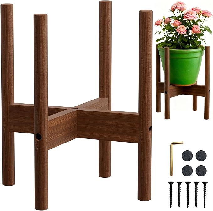 ALIGADO Bamboo Plant Stand Indoor, for Up to 12 Inch Pots, Built to Fit Corners, Sturdy & Stable Design, Walnut Finish