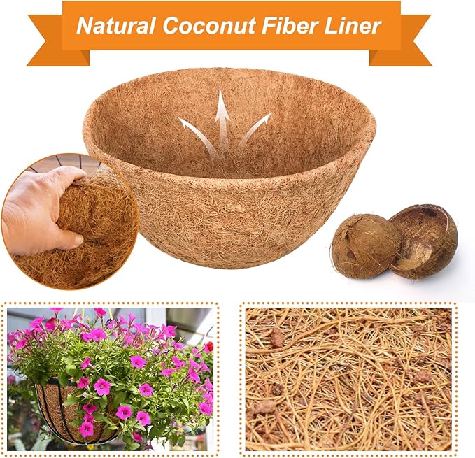 Riare 4 Pack 12 Inch Round Coco Liners Replacement, 100% Natural Coconut Coir Liners for Hanging Baskets, Garden Flower Vegetables Planter Pot, Window Box, Fence, Decks