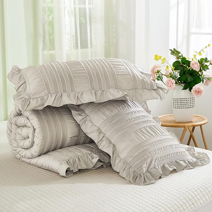 WONGS BEDDING Grey Textured Comforter Set King,3 Pieces Ruffle Farmhouse Shabby Chic Comforter for King Bed,Soft Seersucker Boho Bedding Set with 1 Ruffle Comforter,2 Tufted Pillowcases 104"×90"