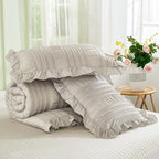 WONGS BEDDING Grey Textured Comforter Set Queen,3 Pieces Ruffle Farmhouse Shabby Chic Comforter for Queen Bed,Soft Seersucker Boho Bedding Set with 1 Ruffle Comforter,2 Tufted Pillowcases 90"×90"