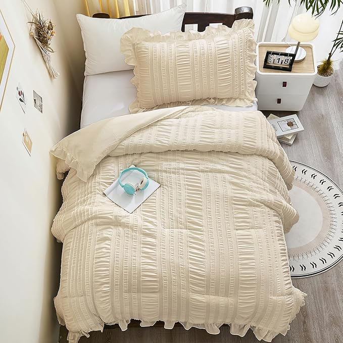 WONGS BEDDING Comforter Set Twin, 3 Pieces Ruffle for Dorm Room Essentials Comforter for Twin Bed, Beige Textured Bedding Set with 1 Ruffle Comforter, 2 Tufted Pillowcases 86"×68"