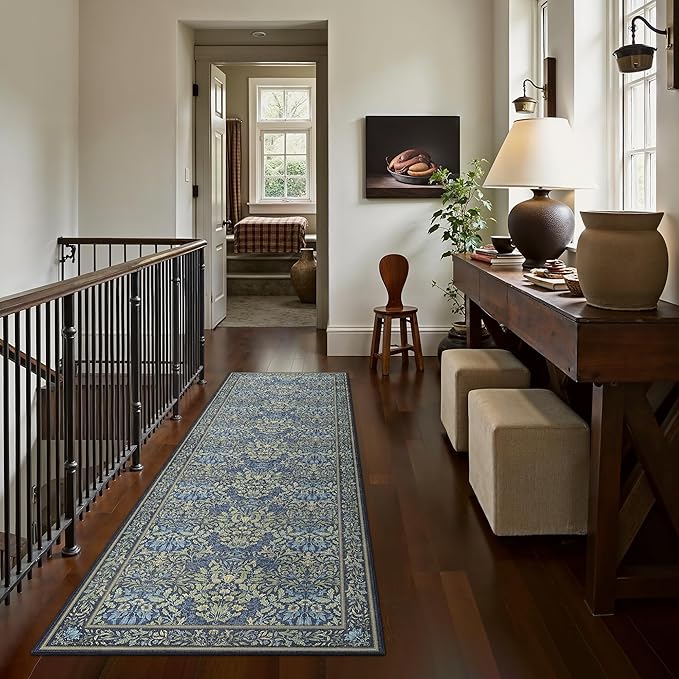GENIMO Floral Washable Runner Rug 2’6”x8’, Non-Slip Long Hallway Carpet for Entryway, Kitchen, Indoor Floor Use, Vintage Boho Soft Thin Rug Décor, Dark Blue
