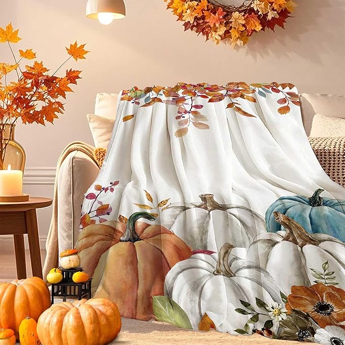 Fall Pumpkins Throw Blanket, Thanksgiving Autumn Maple Leaves Watercolor Blanket for Bed Sofa Travel and Camping, Super Soft Cozy Fluffy Plush Blanket for All Seasons, 50" x 60"