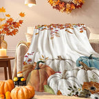 Fall Pumpkins Throw Blanket, Thanksgiving Autumn Maple Leaves Watercolor Blanket for Bed Sofa Travel and Camping, Super Soft Cozy Fluffy Plush Blanket for All Seasons, 50" x 60"