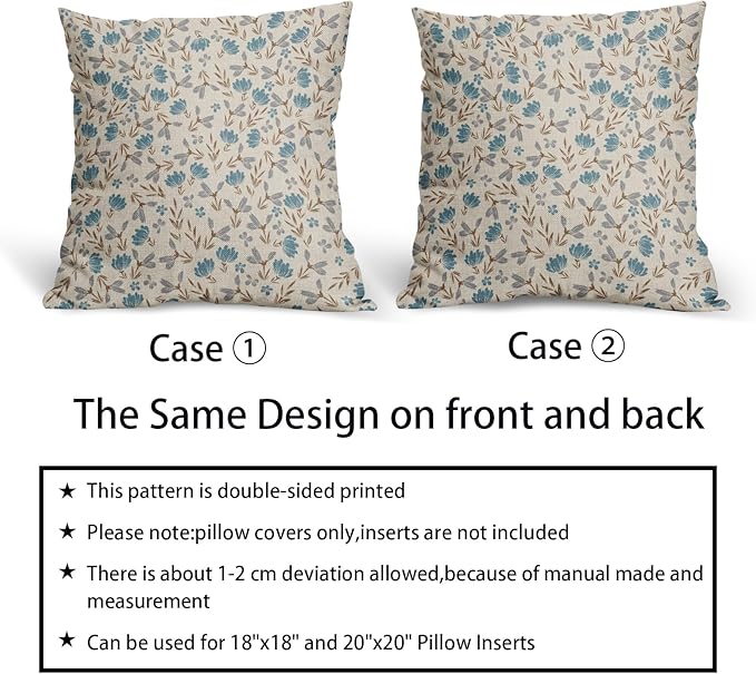Brown Blue Grey Floral Pillow Covers 20x20 Set of 2 Vintage Rustic Old Style Cute Small Flower Print Decorative Outdoor Pillowcases Farmhouse Throw Cushion Case Decor for Couch Sofa Bed