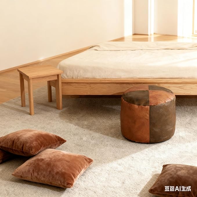 Thgonwid Unstuffed Faux Leather Pouf Cover, Handmade Footstool Ottoman Storage Solution, Floor Footrest Cushion - 16.5”Dx12”H, Brown & Coffee