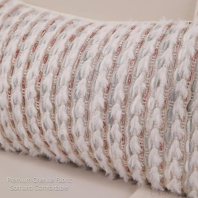 Boho Lumbar Pillow Cover 12x20 Inch Pack of 1 Farmhouse Rectangle Decorative Couch Throw Pillow Cover Grey Chenille Tufted Striped Pillowcase for Living Room Sofa Bed