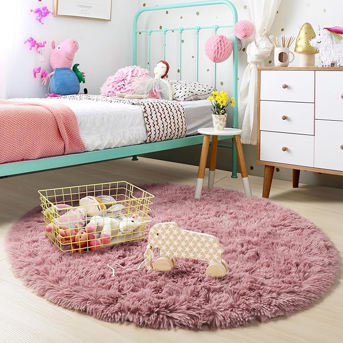 Blush Pink Fluffy Round Rug 5Ft for Bedroom, Fuzzy Plush Circle Area Rugs for Baby Kids Room Decor Aesthetic, Shaggy Circular Carpet for Teen Girls Nursery Dorm Playroom, Cute Dusty Rose Mauve Rug
