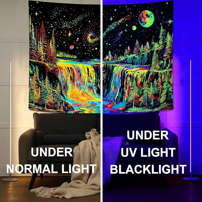 Zussun Blacklight Forest Tapestry for Bedroom Aesthetic Hippie Mountain Waterfall Tapestries Wall Hanging Glow in The Dark Moon and Stars Wall Tapestry for Living Room Dorm 48 × 36 Inch