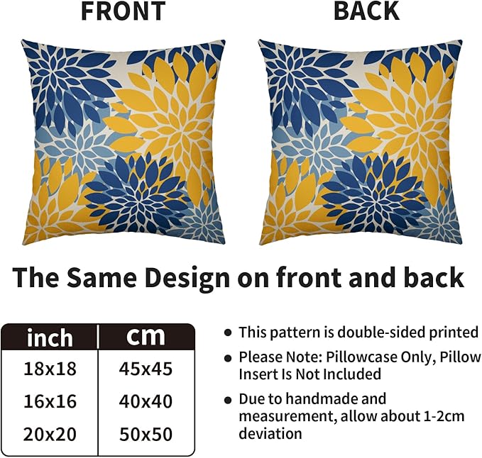 Blue Yellow Pillow Covers 20X20 Inch Set of 2, Dahlia Flower Spring Summer Floral Cream Decorative Throw Pillow Covers Outdoor Modern Farmhouse Cushion Case for Home Couch Sofa Bed Decor