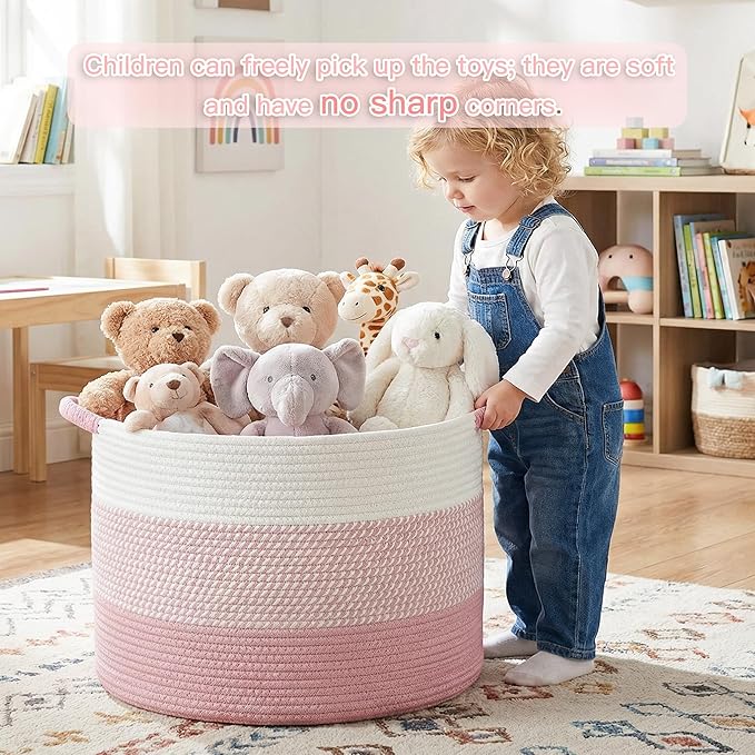 40L Large Cotton Rope Basket, Decorative Woven Blanket Storage for Living Room, Boho Toy Storage & Toy Box for Kids, Versatile Laundry Basket & Nursery Hamper for Blankets(Pink)