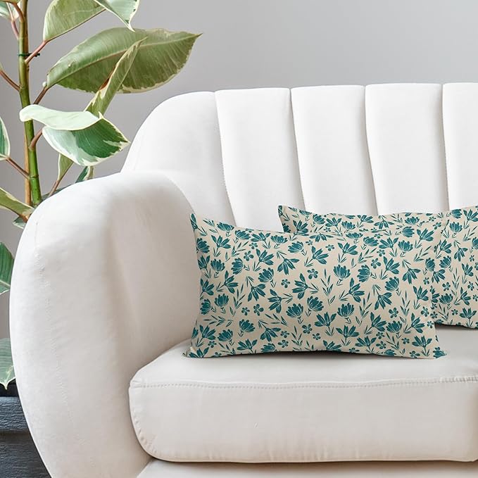 Teal Floral Pillow Covers 12x20 Set of 2 Vintage Rustic Old Style Cute Small Flower Blue Green Cream Print Decorative Outdoor Pillowcases Farmhouse Throw Cushion Case Decor for Couch Sofa Bed