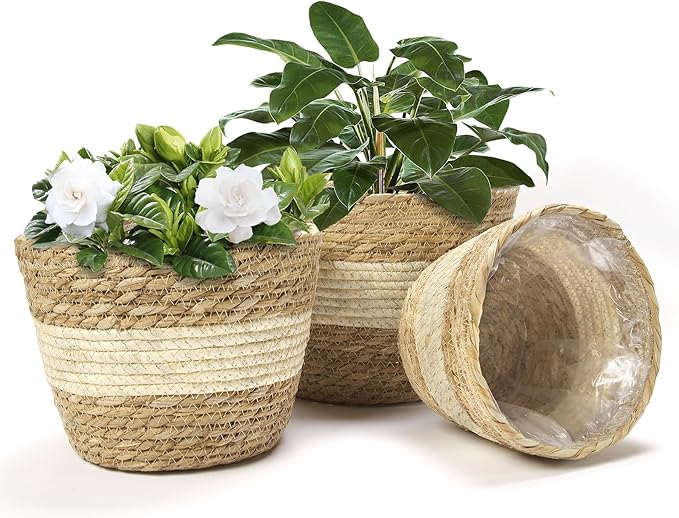 Athaliah Water Hyacinth Plant Basket Set of 3, Woven Planter Baskets with Plastic Liner, Indoor Plant Pot Covers for Potted Plants, Rustic Boho Farmhouse Home Decor