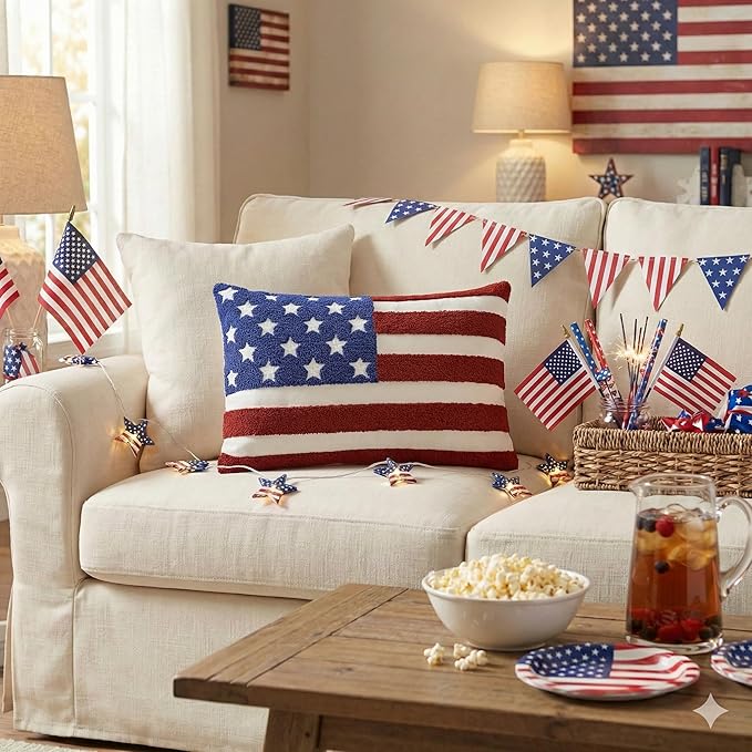 AVOIN colorlife 4th of July Patriotic Striped Star Flag Embroidered Throw Pillow Cover, 12 x 20 Inch Independence Day Decor Tufted Patterned Linen Cushion Case for Sofa Couch