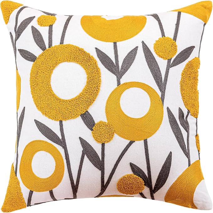 vctops Boho Floral Tufted Decorative Throw Pillow Cover Botanical Embroidered Cotton Cushion Cover for Couch Sofa Bed (Flower D,18"x18")