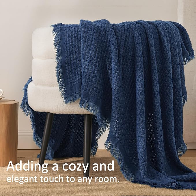 Exclusivo Mezcla Knit Throw Blanket with Fringes for Couch, Reversible Super Soft and Warm Woven Boho Throw for All Season, Home Decor, 50"x60", Navy Blue