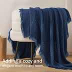 Exclusivo Mezcla Knit Throw Blanket with Fringes for Couch, Reversible Super Soft and Warm Woven Boho Throw for All Season, Home Decor, 50"x60", Navy Blue