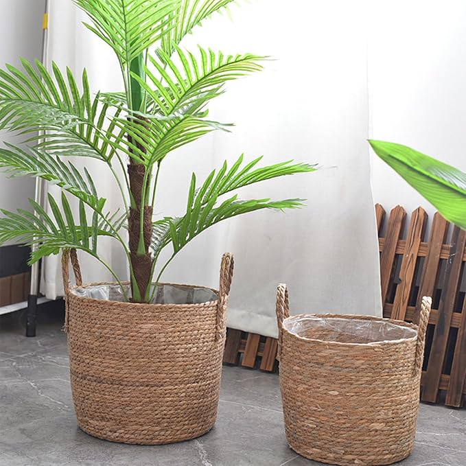 Woven Straw Flower Pot, Sea-Grass Planter Basket, Wicker Rattan Vase Sundries Organizers Storage Bins, Hand Woven Basket Planter with Plastics Liners and Handle - XXXL13.77x13.77x16.93in