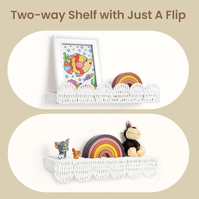 AELS Scalloped Nursery Bookshelf, Set of 3, Picture Ledge Shelf for Wall Decor, Woven Natural Fibre Floating Shelves for Books, Toys, Photo Frames, Nursery, Boho Modern Farmhouse Book Shelf, White