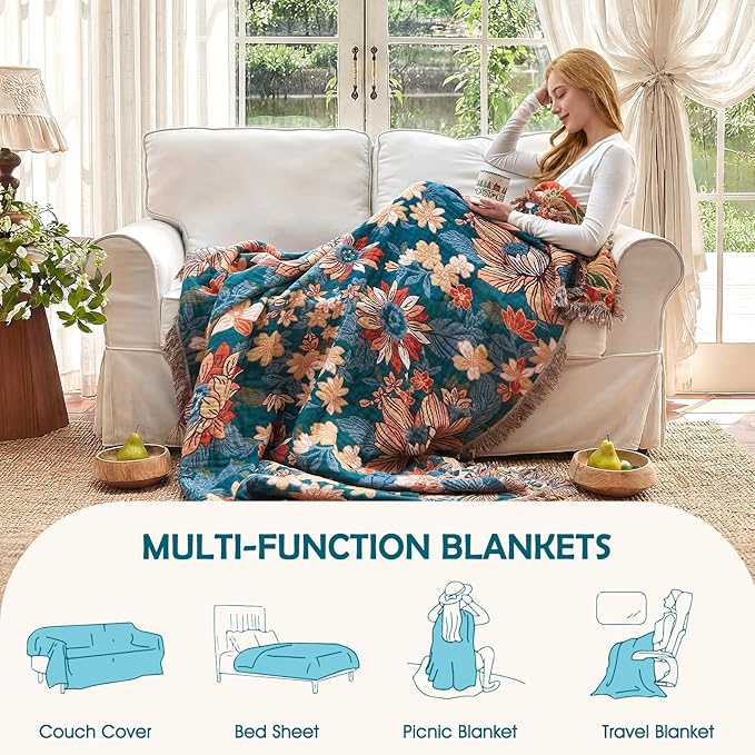 Boho Throw Blanket - 100% Cotton Ultra Soft Muslin Blanket, 90"x90" Lightweight Floral Framhouse Bedding Spring Blanket for Bed, All Season Green Bohemian Bedroom Home Decor Quilt