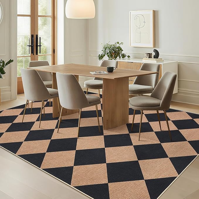 GarveeHome Checkered Easy Jute 5x7 Area Rugs for Living Room Machine Washable Non-Slip Backing Stain Resistant Modern Indoor Outdoor Rugs for Farmhouse Dining Room Patio Black Tan