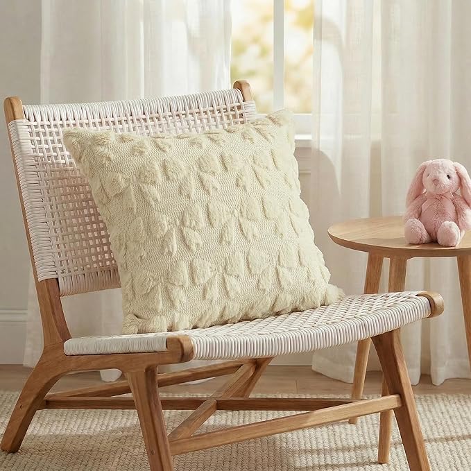 AVOIN colorlife Beige Spring Bow Throw Pillow Covers Set of 2, 18 x 18 Inch Coquette Aesthetic Room Decor Soft Plush Faux Fur Cushion Case for Girls Room