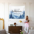 MNASAIOO Christian Mountian Woods Wall Tapestry Hanging for Bedroom, Bible Verse Scripture Great Is Your Faithfulness Tapestries,Blue Watercolor Wall Decor Banner for Living Prayer Room Church 50x60in