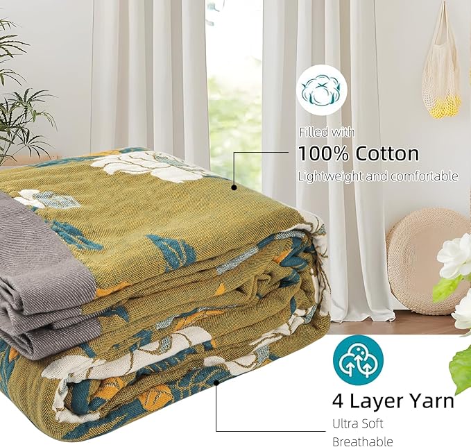 Boho Throw Blanket for Bed - 100% Pure Cotton Ultra Soft Rustic Quilt - Farmhouse Decor Bed Blankets, All Season Rustic Throw for Sofa Couch Chair(60"×80", Flower Branch)