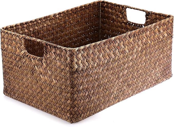 Hipiwe Seagrass Storage Baskets Bin for Shelf Handwoven Wicker Baskets Built-in Handles Rectangular Closet Bedroom Organizer Box Multipurpose Storage Basket Organizer,16.1"L x11.8"W x7.7"H