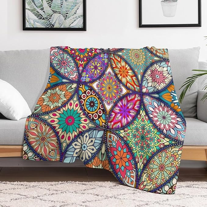 Boho Floral Throw Blanket Bohemian Colorful Mandala Flowers Print Theme Blanket for Sofa Bed Couch Chair Or Dorm 50"x60"