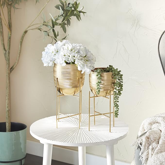 Deco 79 Metal Indoor Outdoor Planter Small Planter Pot with Removable Stand, Set of 2 Planters, 12"H, 9"H, Gold