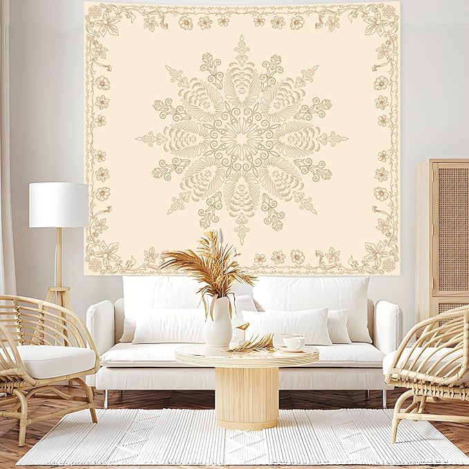 Apdidl Boho Mandala Floral Wall Tapestry for Bedroom Aesthetic, Bohemian Cute Flower Hippie Indian Beige Wall Hanging Blanket, Medallion Art Decor Tapestries for Teen Girls Living Room Dorm 60" X 79"