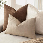 Foindtower Set of 2 Decorative Linen Check Throw Pillow Covers Neutral Farmhouse Lumbar Cushion Covers Modern Coastal Boho Home Decor for Sofa Chair Couch Bedroom Living Room,12×24 Inch,Camel
