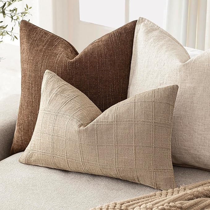 Foindtower Set of 2 Decorative Linen Check Throw Pillow Covers Neutral Farmhouse Lumbar Cushion Covers Modern Coastal Boho Home Decor for Sofa Chair Couch Bedroom Living Room,12×24 Inch,Camel