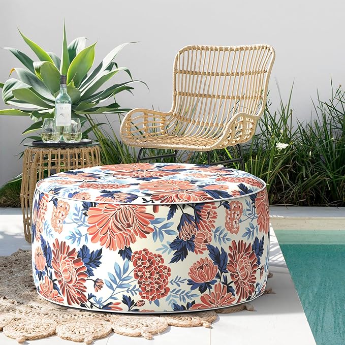 TWELAR Indoor/Outdoor Inflatable Ottoman, Water Repellent Round Foot Rest Ottomans D31 x H14 inch, Portable Footstool for Patio Garden Camping or Home, Red Chrysanthemum