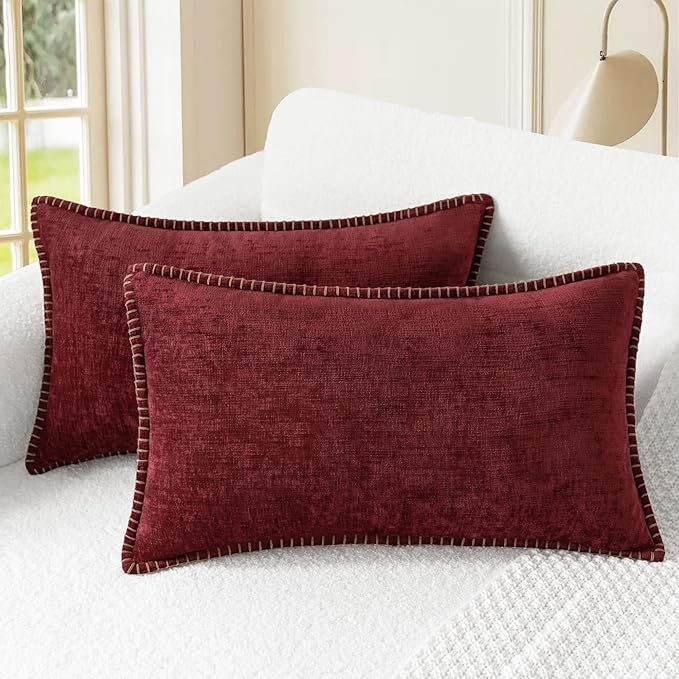 CaliTime Christmas Throw Pillow Covers Decorative 12 X 20 Inches Pack of 2 Cotton Thread Stitching Edges Solid Dyed Soft Chenille Cushion Cases for Couch Sofa Bed Living Room Farmhouse Burgundy