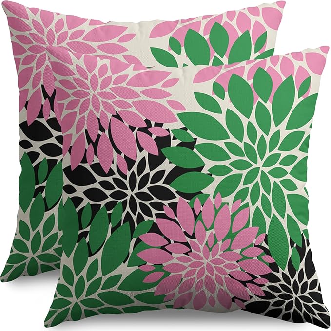 Pink Green Black Pillow Covers 18X18 Inch Set of 2, Spring Modern Geometry Dahlia Floral Print Decorative Throw Pillow Covers Outdoor Farmhouse Cushion Case for Couch Sofa Bed Decor