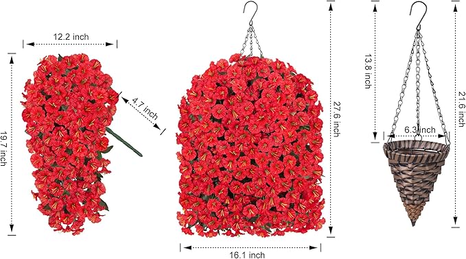 HyeFlora Artificial Fake Red Hanging Flowers Plants Baskets for Outdoor Winter Christmas, Faux Silk UV Resistant Look Real Morning Glory Vines for Outside Porch Patio Balcony Garden Yard Home Decor