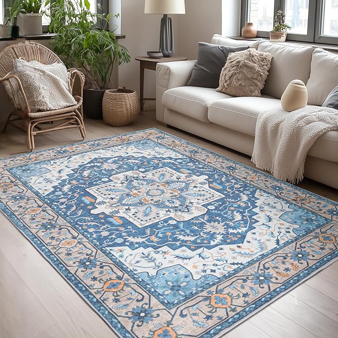 Lessymo Washable Area Rugs 6x9- Boho Area Rug Low Pile for Bedroom Living Room Kitchen, Ultra-Soft Faux Wool Vintage Area Rug with Non-Slip Rubber, Kid & Pet Friendly, Blue Brown
