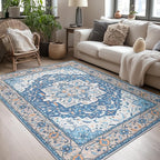 Lessymo 5x7 Area Rugs- Machine Washable Area Rugs, Super Soft Faux-Wool Area Rug for Living Room Bedroom, Boho Area Rug Vintage Floral Medallion Non-Slip Low Pile, Kid & Pet Friendly, Blue Brown