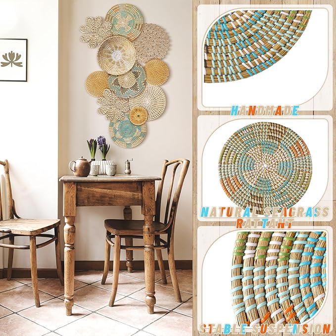 11 Pcs Boho Hanging Wall Basket Decor Handmade Woven Basket Wall Decorative Boho Wicker Baskets Placemats Round Farmhouse Bulrush Art for Rustic Home Decorations Christmas Gift(Bright)