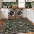 Washable 4x6 Area Rug for Living Room - Soft Moody Rug for Kitchen, Office, Large Entryway, Rustic Botanical Decor, Non-Slip Low Pile Dark Green and Brown Ultra Soft Bird Carpet
