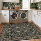 Washable 4x6 Area Rug for Living Room - Soft Moody Rug for Kitchen, Office, Large Entryway, Rustic Botanical Decor, Non-Slip Low Pile Dark Green and Brown Ultra Soft Bird Carpet