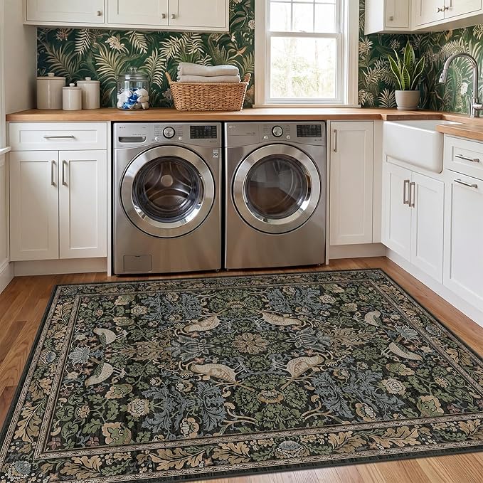 Washable 4x6 Area Rug for Living Room - Soft Moody Rug for Kitchen, Office, Large Entryway, Rustic Botanical Decor, Non-Slip Low Pile Dark Green and Brown Ultra Soft Bird Carpet