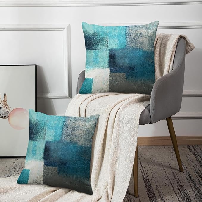 Emvency Set of 2 Turquoise White and Gray Throw Pillow Covers Modern Abstract Teal Painting Decorative Pillow Cases Home Decor Standard Square 26x26 Inches Pillowcases