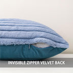 Pack of 2 Faux Fur Fall Throw Pillow Covers 24x24 Inch, Soft Plush Striped Neutral Couch Pillow Cover, with Velvet Back Modern Home Decor for Sofa Living Room Couch Bed Blue